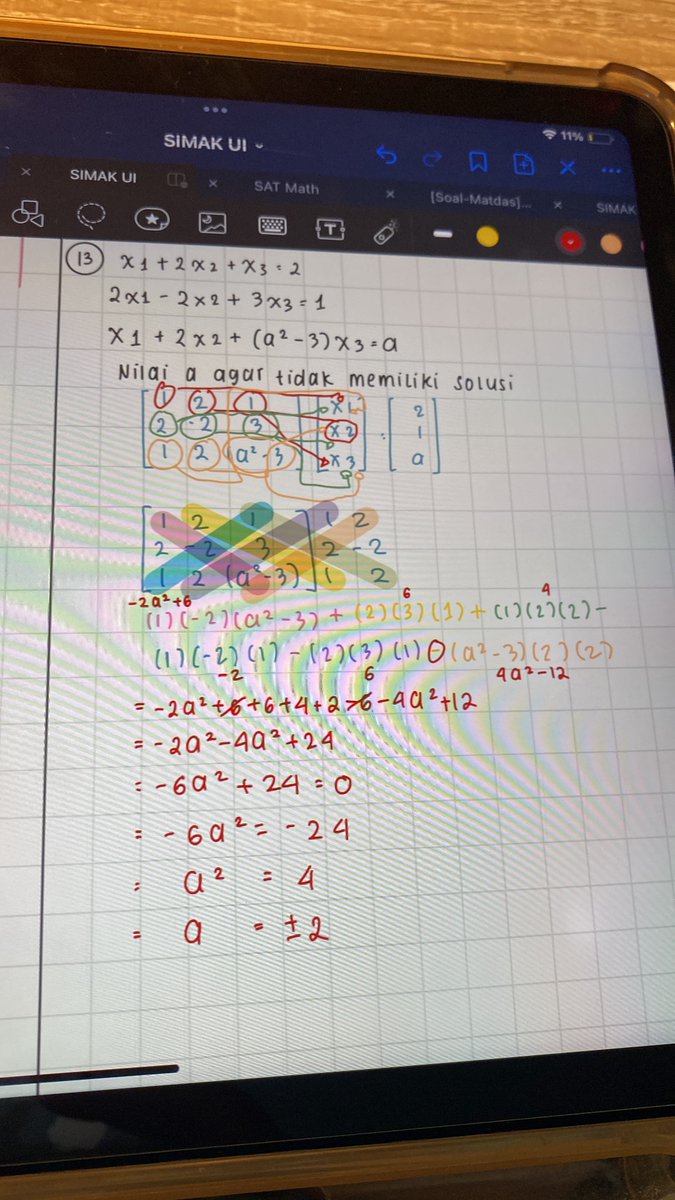 soshumsosweet's tweet photo. I think what’s tricky of Matdas SIMAK UI adalah lu harus tau kapan modifikasi kalimat matematikanya (e.g. -2a-2b ditulis sebagai -2(a+b), persamaan yang tdk punya solusi ditulis sebagai matriks, and so on). If you’re not creative enough in math you’ll be so done 🥲🥲🥲 https://t.co/FlIGkeqk6q