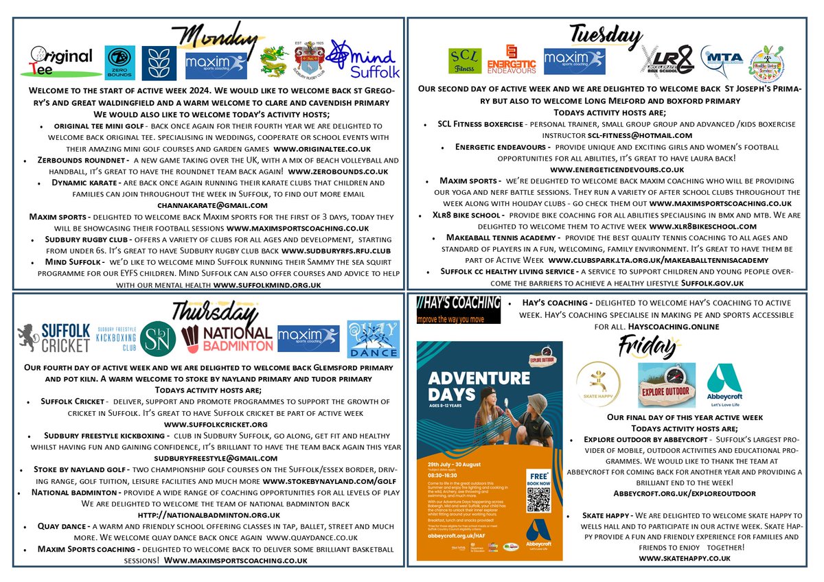 WHPrimary (@whprimary) on Twitter photo Here is the inside of our leaflet that was handed to every child that took part in Active Week with all the contact details of all the providers during Active Week
@Active_Suffolk <a href="/BaberghSuffolk/">Babergh District Council</a> <a href="/MidSuffolk/">Mid Suffolk District Council</a> <a href="/UnitySchoolsP/">Unity Schools Partnership</a> <a href="/TownOfSudbury/">Sudbury, Suffolk</a> <a href="/SudburyTC/">Sudbury Town Council</a> <a href="/SFPSudbury/">Suffolk Free Press</a> @james4ssuffolk Here is the inside of our leaflet that was handed to every child that took part in Active Week with all the contact details of all the providers during Active Week
@Active_Suffolk <a href="/BaberghSuffolk/">Babergh District Council</a> <a href="/MidSuffolk/">Mid Suffolk District Council</a> <a href="/UnitySchoolsP/">Unity Schools Partnership</a> <a href="/TownOfSudbury/">Sudbury, Suffolk</a> <a href="/SudburyTC/">Sudbury Town Council</a> <a href="/SFPSudbury/">Suffolk Free Press</a> @james4ssuffolk