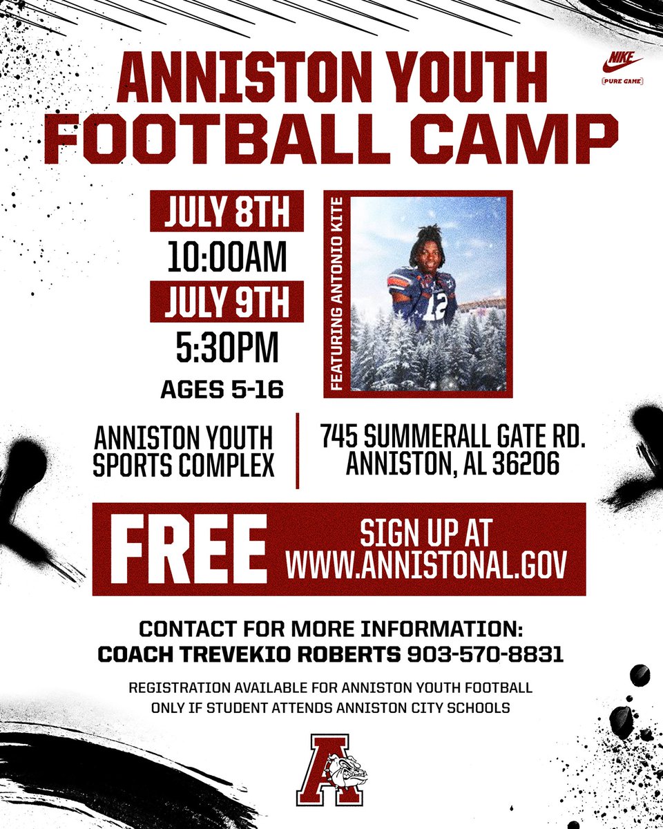 🗣️Calling ALL YOUNG DAWGS🐶🐶🐶!! Come out and learn from our own!! @ASpoodie <a href="/annistonalgov/">The City of Anniston</a> <a href="/anniston_high/">AnnistonHigh</a> <a href="/AnnistonStar/">The Anniston Star</a> <a href="/CoachRoberts50/">Trevekio Roberts</a> <a href="/jmedley_EAToday/">Joe Medley</a> <a href="/Jackson52Coach/">Coach Rico Jackson</a> <a href="/AverageJoesSpo1/">Average Joe’s Sports Talk, LLC</a> @256Recruiting #Dawgson3