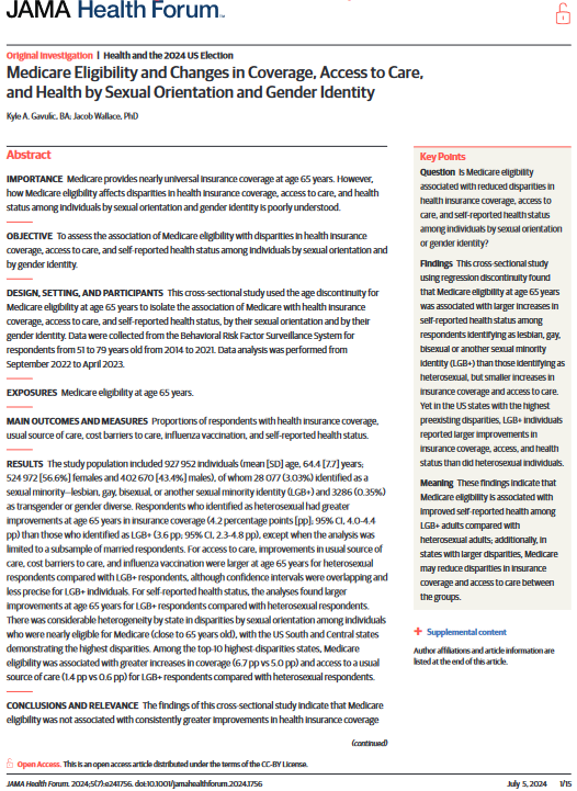 In this study using regression discontinuity, the authors found Medicare improves the health of LGB+ adults relative to heterosexual adults, &amp; among states with larger disparities, may also close gaps in coverage &amp;  access between groups ja.ma/3xL9w3W <a href="/KyleAGavulic/">Kyle A. Gavulic</a>