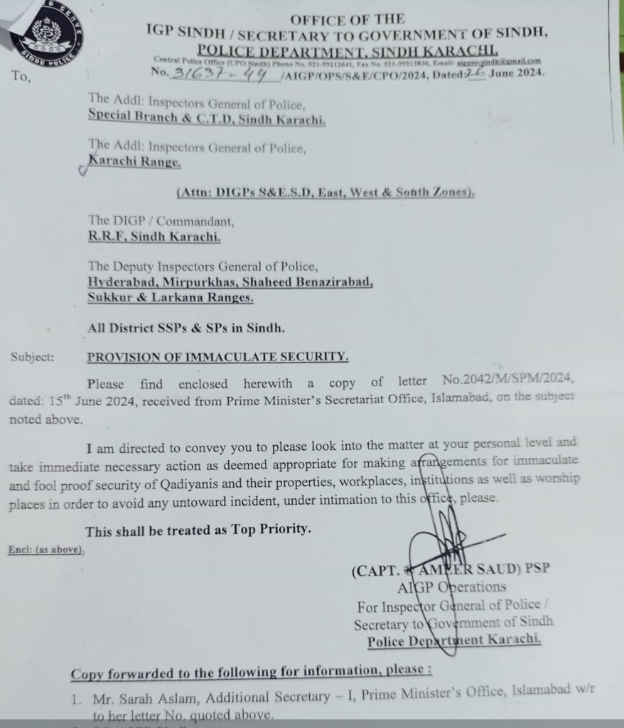 ExAhmadi's tweet photo. The Inspector General of Police, Sindh (Pakistan) has directed all the Police Officers of the province to provide fool-proof security to Ahmadis, their properties, workplaces, institutions and worship places. https://t.co/pHgQmI64Kh