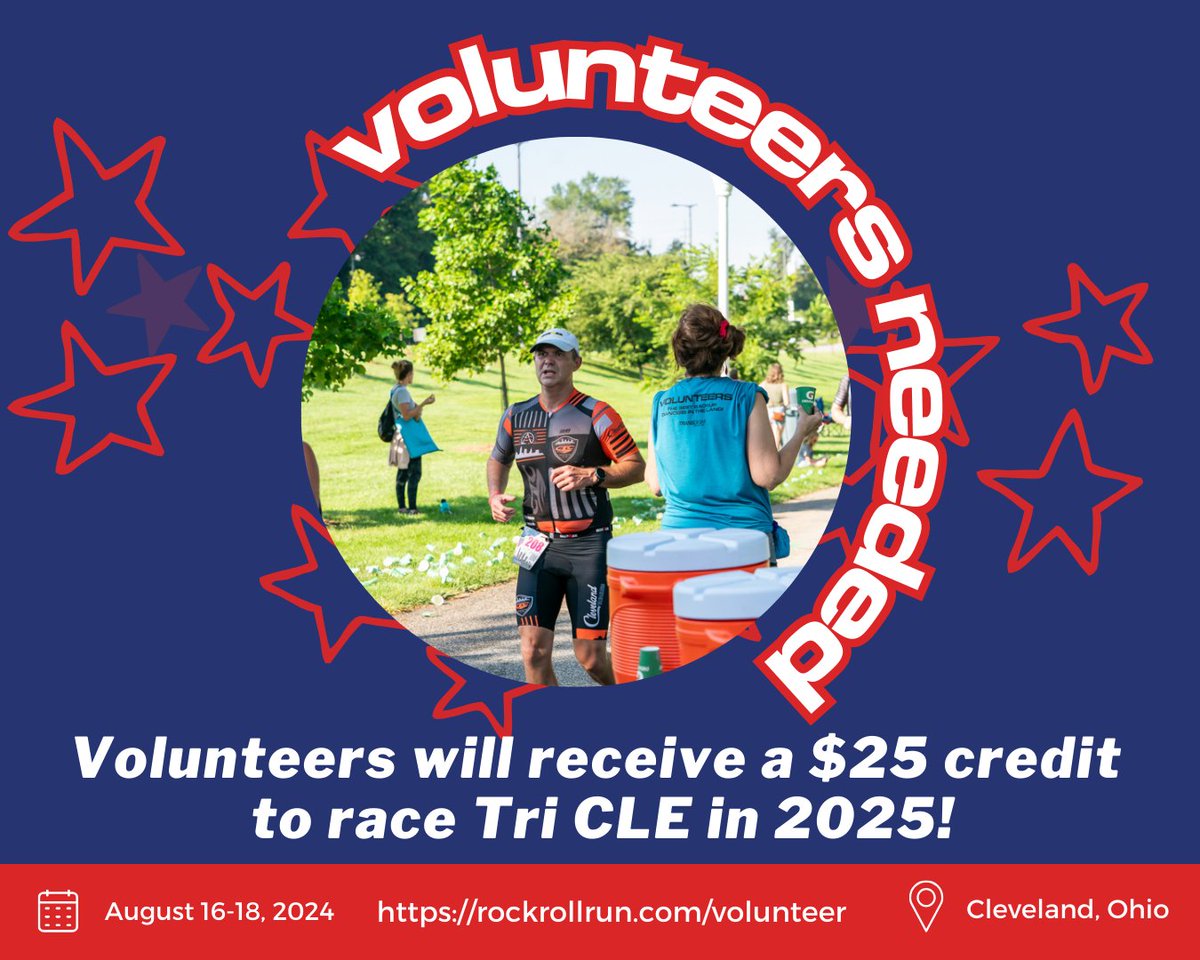 Many volunteer roles need to be filled starting Friday, August 16, through, Sunday, August 18, at Edgewater Park.

✨ NEW ✨ We are offering a $25 race credit for 2024 volunteers to race #TriCLE in 2025!

📲 To view all the roles and to sign up, click rockrollrun.com/volunteer