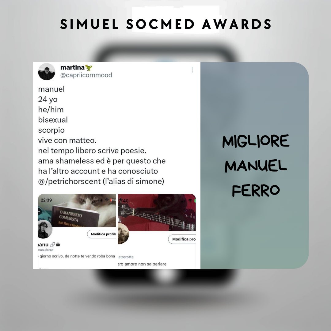 Si aggiudica il premio

📱 Migliore Manuel Ferro📱

@capriicornmood!