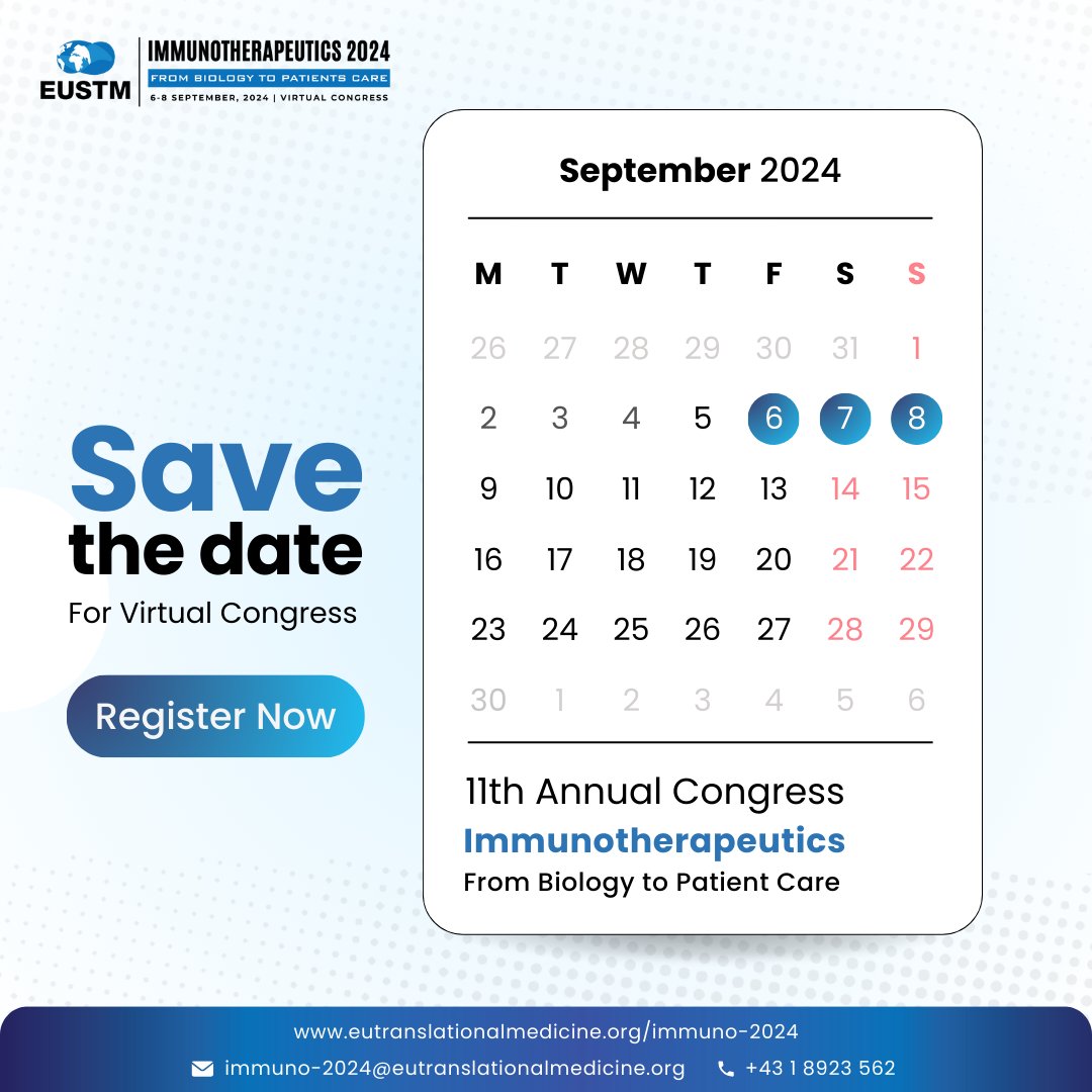 OfficialEUSTM's tweet photo. 🚀 Exciting Announcement! 🚀

The European Society for Translational Medicine (EUSTM) is delighted to invite you to the 11th Annual Congress on Immunotherapeutics – From Biology to Patient Care (EUSTM-2024) 🌐.

Join us virtually from September 6-8, 2024, for pioneering discussions and groundbreaking innovations in immunotherapy!
👨‍⚕️👩‍🔬🧬💉✨

📅 Save the Date
🔬 Discover Advances in Immunotherapeutics
💡 Network with Global Experts

Register now: https://t.co/M8CaxE053U

#EUSTM2024 #Immunotherapy #TranslationalMedicine #GlobalHealth #MedicalInnovation