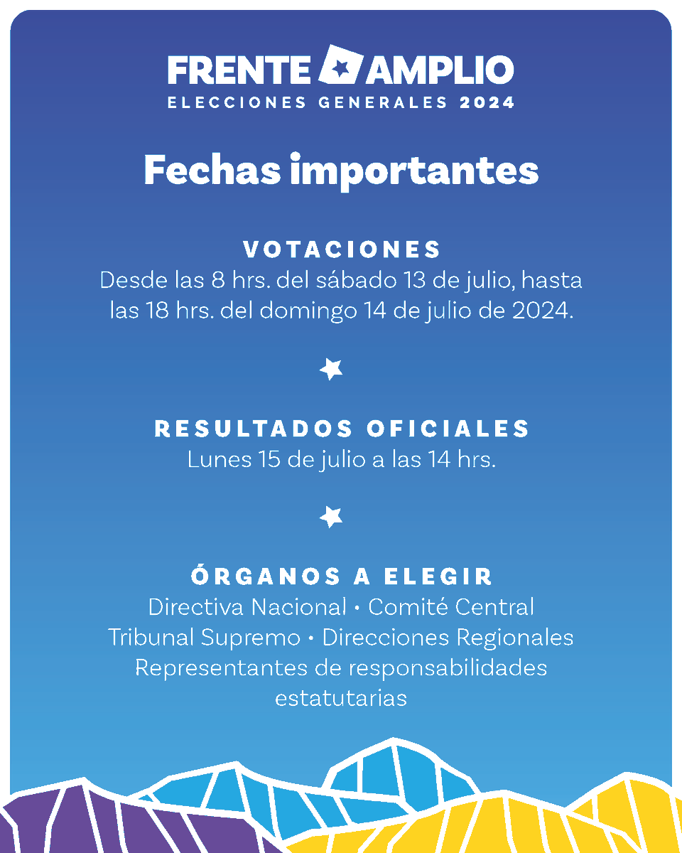 elfrente_amplio's tweet photo. 🗳️¡Atención militancia FrenteAmplista!🗳️ Este 13 y 14 de julio votaremos por nuestra 1era Directiva Nacional, y órganos internos para este nuevo ciclo. 
Los resultados oficiales se darán el lunes 15 a las 14 hrs. 🙌 ¡Participa en este hito histórico! 🙌 https://t.co/P5QT1YzUdE