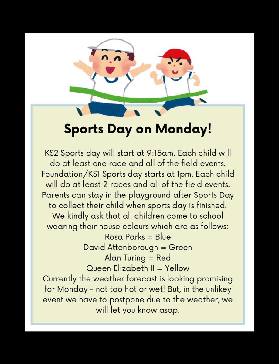 Details about Monday’s Sports Day!