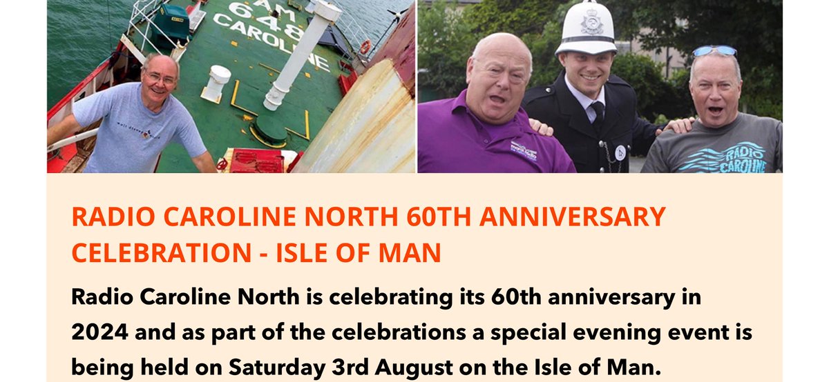 Chris Pearson (@radiochris01) on Twitter photo Radio Caroline North arrived off the Isle of Man 60 years ago this week. There’s a weekend of 60’s themed activities and presentations on <a href="/TheRadCaroline/">The Legendary Real Radio Caroline</a> by <a href="/_andywint/">Andy Wint</a> and <a href="/Rayradioessex/">Ray Clark</a> on Sat 3rd August in Ramsey.
Check the info on the video here facebook.com/share/v/gwGC4Y… Radio Caroline North arrived off the Isle of Man 60 years ago this week. There’s a weekend of 60’s themed activities and presentations on <a href="/TheRadCaroline/">The Legendary Real Radio Caroline</a> by <a href="/_andywint/">Andy Wint</a> and <a href="/Rayradioessex/">Ray Clark</a> on Sat 3rd August in Ramsey.
Check the info on the video here facebook.com/share/v/gwGC4Y…