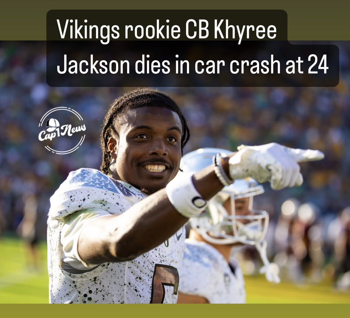 Cap1News's tweet photo. Minnesota Vikings rookie cornerback Khyree Jackson was killed in a car crash overnight, the team announced Saturday. He was 24. Via:ESPN/TMZ Sports https://t.co/Tyv0gfFNBQ