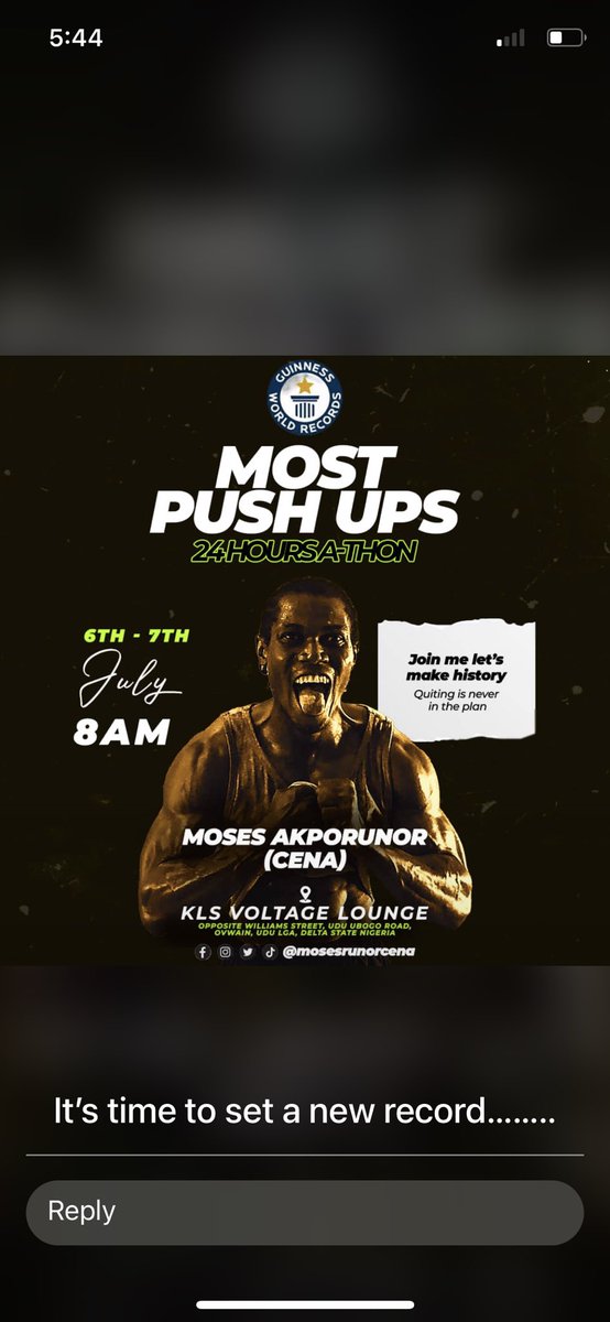 INSPIREwithKARO's tweet photo. Moses Akporunor aka Cena is currently attempting to break the Guinness World Record for most push-ups in 24 hours 
This is happening now at KLS Voltage Lounge Udu, Delta state Nigeria 
He’s currently done over 14,000 push-ups in 7 hours 24 minutes https://t.co/cokFs5hGuA