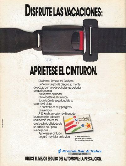 En julio de 1989, fallecieron 732 personas en la carretera (máximo histórico en ese mes), y muchas no llevaban puesto el cinturón de seguridad. Este mes de julio no van a ser tantas, pero aún habrá demasiadas que podrían haberse evitado con un simple #HazClic. #ConCinturón