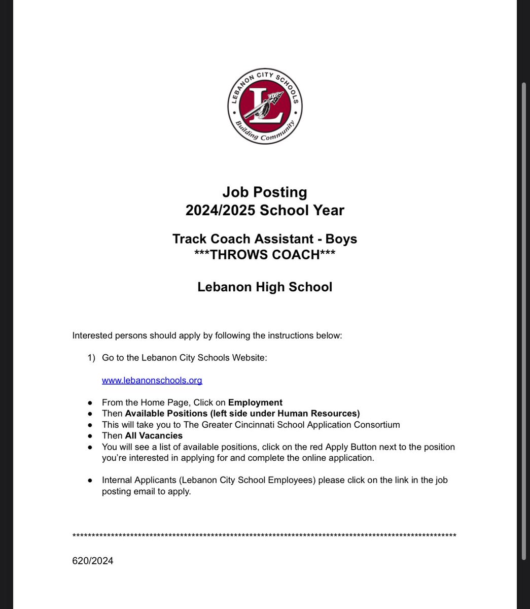 The Warriors are seeking an assistant coach to lead our throws group for the 2025 season. You’ll work with an awesome group of kids! Info to apply in the photo. Reach out to Coach Simcoe (simcoe.jason@lebanonschools.org) with questions. 

<a href="/martincollier10/">martin collier</a> <a href="/LebanonAthDept/">Lebanon Athletics</a>