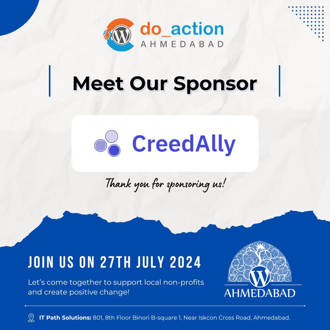 🌟 Glad to announce that <a href="/CreedAllyofcl/">CreedAlly</a> is now sponsoring the do_action Ahmedabad 2024 event  Your support is invaluable to us! 🤩

 doaction.wpahmedabad.org/thank-you-cree…  

#DoAction #WordPress #WPAhmedabad #WCAhmedabad #Sponsor #Charity