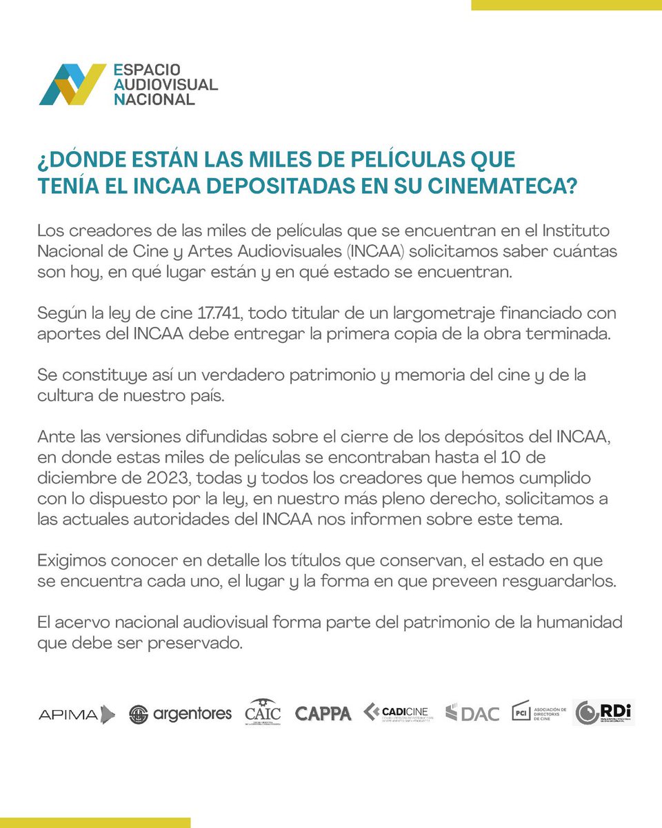¿DÓNDE ESTÁN LAS MILES DE PELÍCULAS QUE TENÍA EL INCAA DEPOSITADAS EN SU CINEMATECA?

Los creadores de las miles de películas que se encuentran en el Instituto Nacional de Cine y Artes Audiovisuales (INCAA) solicitamos saber cuántas son hoy, en qué lugar están y en qué estado se