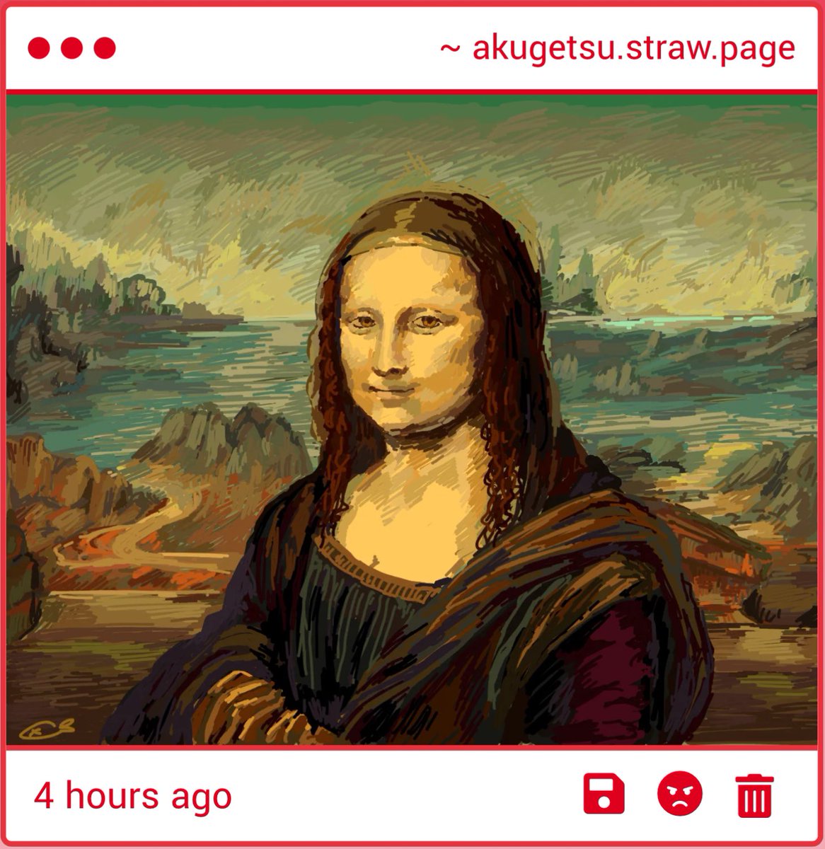 akugetsufan's tweet photo. WHAT THE HELL. THE MONA LISA??? I KNOW YOU SAID YOULL DRAW IT BUT THIS IS INSANE FUCKING WORK?? https://t.co/4br2vXouLg