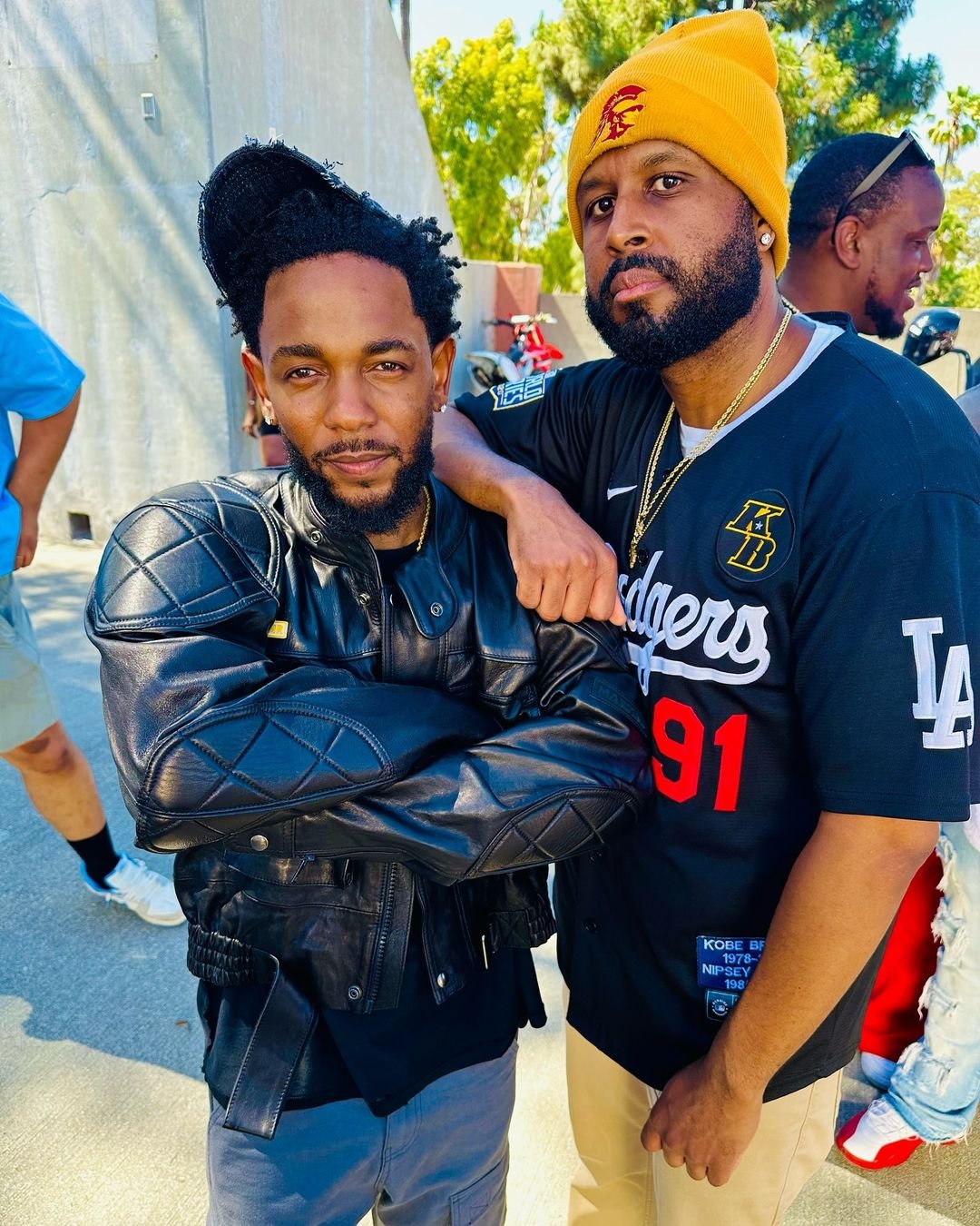 Kendrick Lamar wearing custom Martine Rose leather jacket to