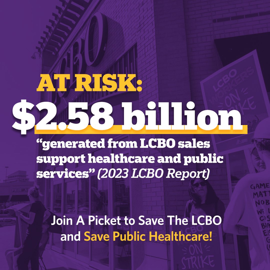 Show solidarity with <a href="/OPSEU/">OPSEU</a> LCBO workers: Join a picket line campaigndashboard.app/opseu/

If we lose the LCBO, we lose critical funding for healthcare. Period.

Doug Ford must stop his attacks on healthcare and public services.

Save the LCBO and Save Public Healthcare.