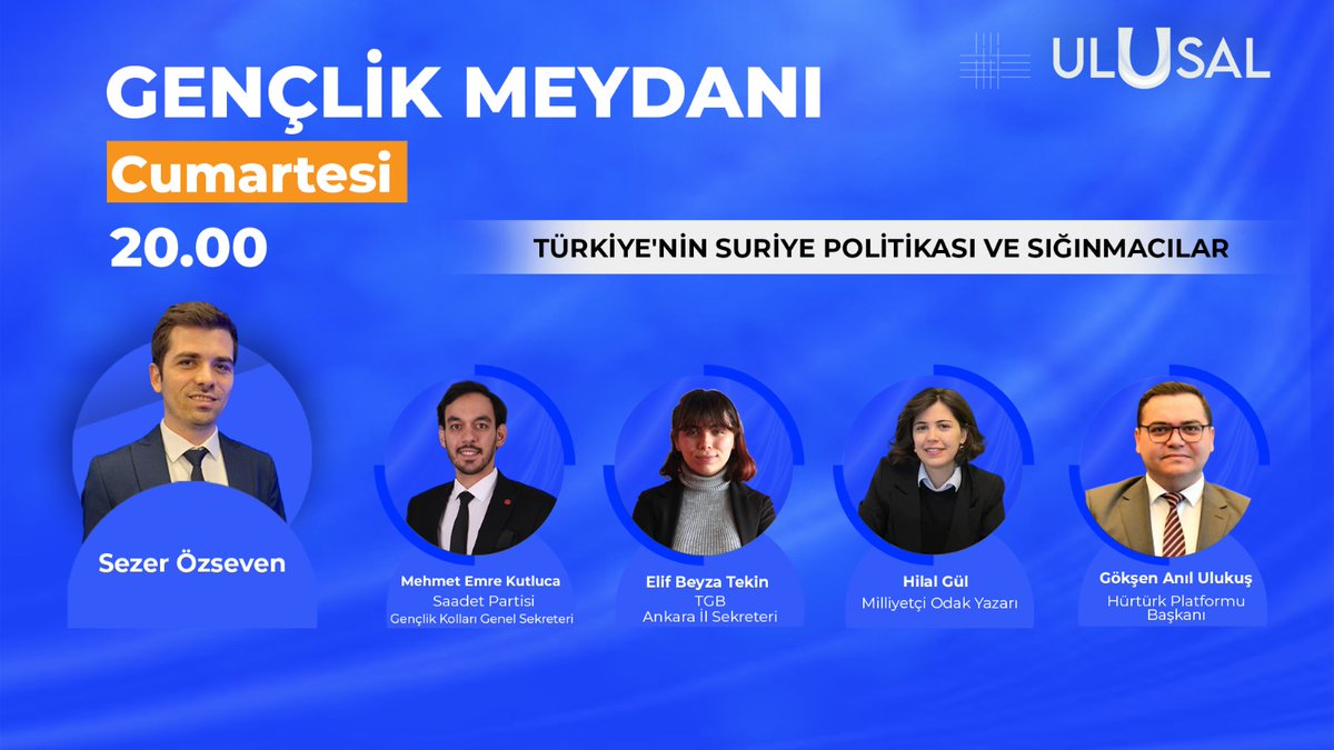 Ulusal Kanal'da değerli yazarlarımızdan Hilal Gül'ün de ( <a href="/hilalgulkg/">Hilal Gül</a> ) katıldığı, Türkiye'nin Suriye Politikası ve Sığınımacıların tartışılacağı Gençlik Meydanı programı saat 20:00 itibari ile başladı.