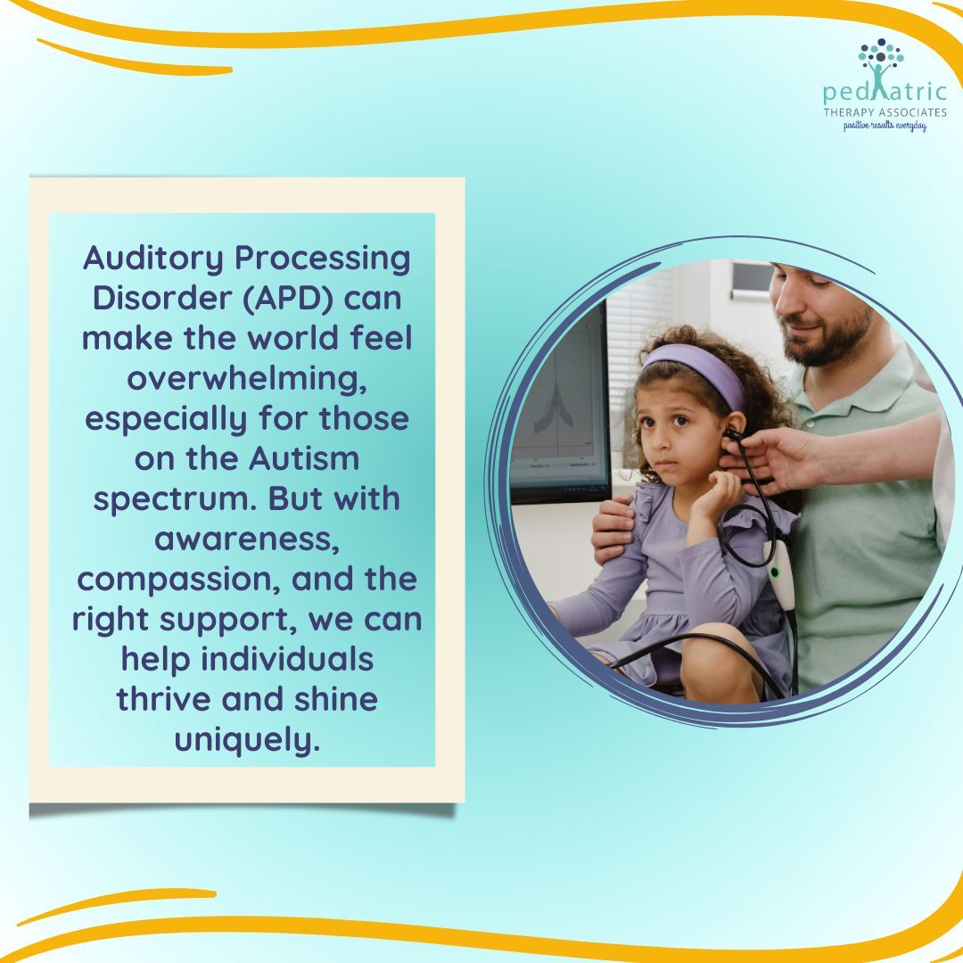 TherapyPediatri's tweet image. Auditory Processing Disorder (APD) can make the world feel overwhelming. But with awareness, compassion, and the right support, we can help individuals thrive and shine uniquely.

Visit us to learn more.
Website: buff.ly/3xIvOU7
#PeadiatricTherapyAssociates #APDAwareness