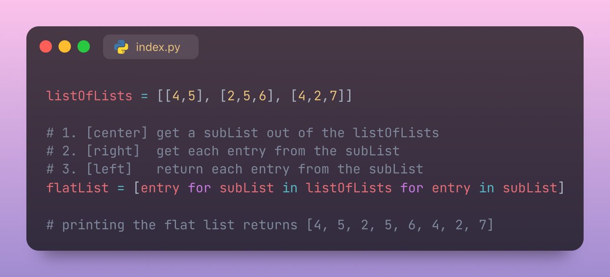abobic_'s tweet photo. A common situation in #Python   is to have a list of lists that you want to flatten. Here's how to do that using nested list comprehension: https://t.co/DLKucGiQtC