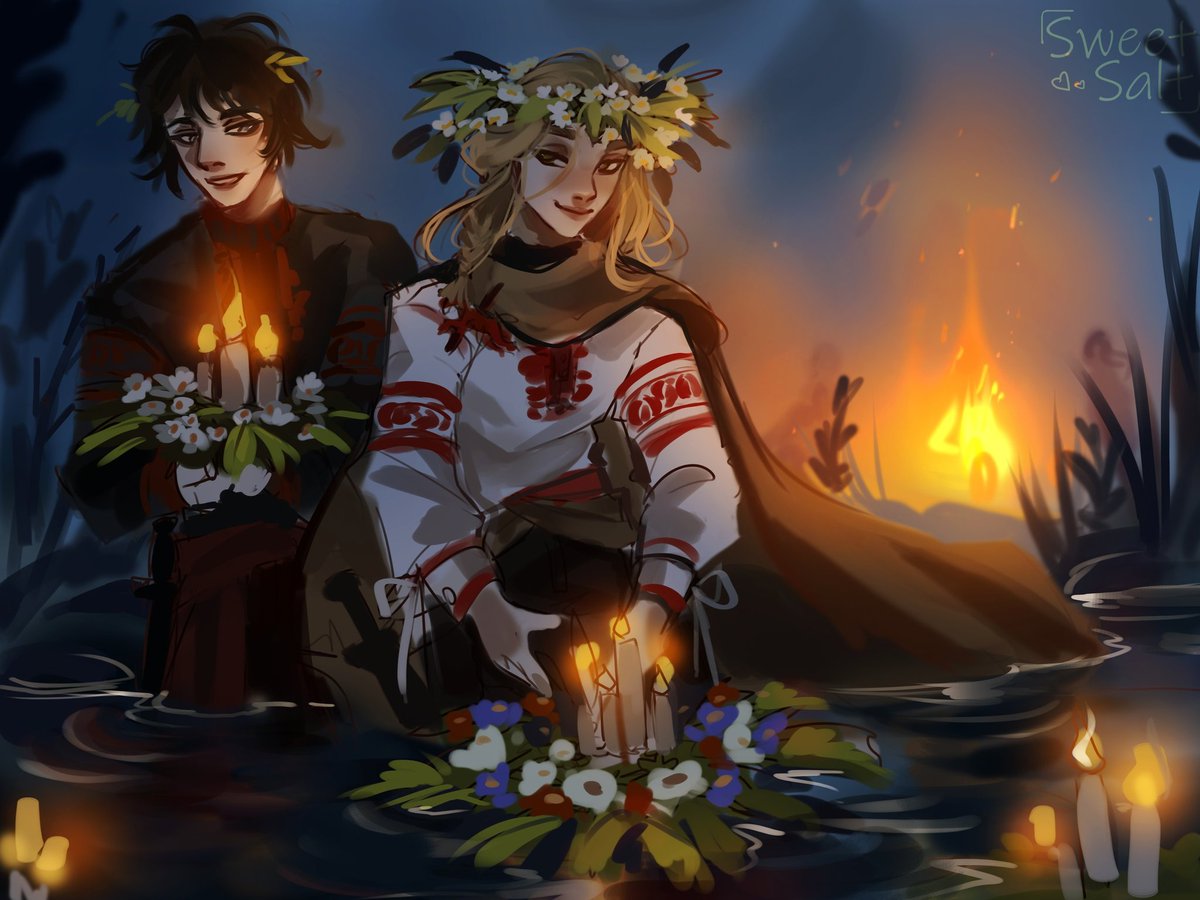 SweetSa1tT's tweet photo. This goes too far.... Slavic au! 
From July 6 to 7, the night "Ivan Kupala" is celebrated. people guess at their betrothed, jump over bonfires and weave wreaths!! 🥰

( I apologize for my English ) 
#HouseOfTheDragon #aeronbracken #davosblackwood #dravon https://t.co/6mVj11EFd3