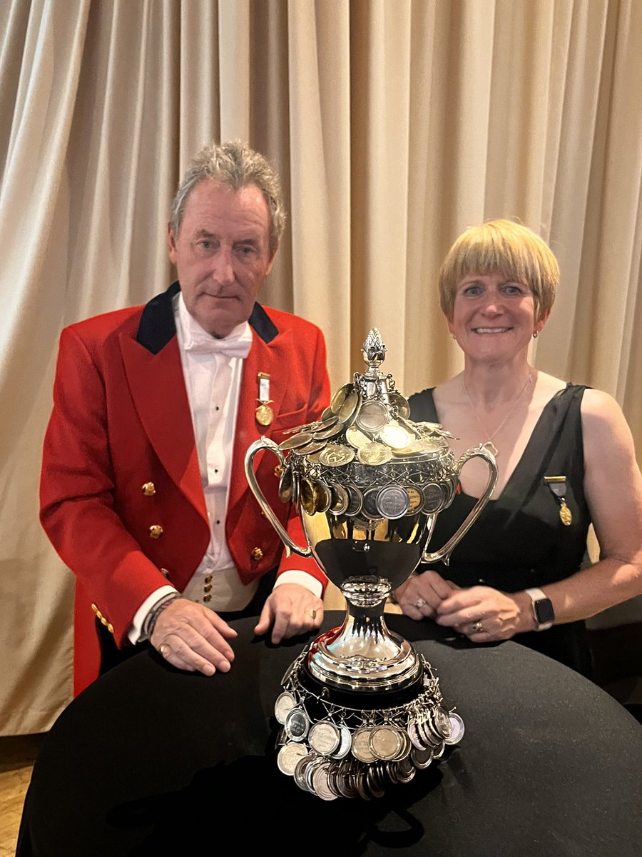 Captain Pam Hall with Captain of Royal and Ancient Golf Club of St Andrews with the Old Club Cup at the 250th Anniversary Gala Dinner