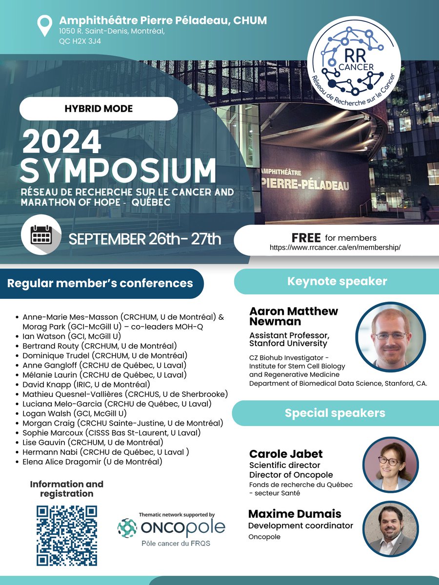 The registration is open for the 12th Symposium of the RRCancer and MOH-Q! The meeting will be held in the Pierre-Péladeau amphitheatre at the CHUM on September 26th-27th, 2024

We invite you to register for the Symposium by clicking on the following link:
event.fourwaves.com/rrcancer2024/p…