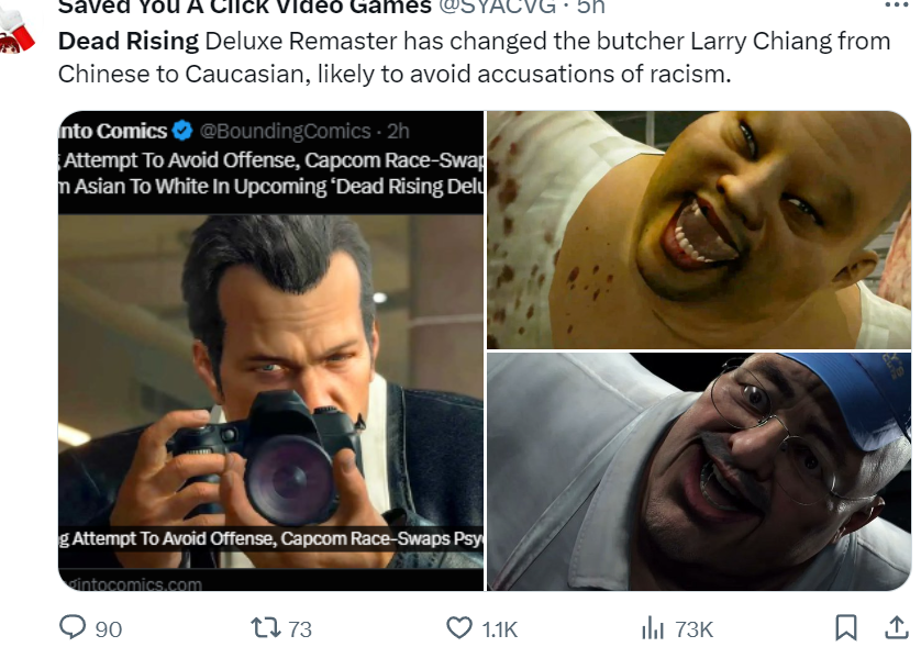 Grummz's tweet photo. I'm Asian, and I don't need @Capcom to protect my feelings in Dead Rising.

I need better games without knee-jerk political DEI censorship.

Race swapping to white is actually the racist move here. https://t.co/1IBIP5P2Sh