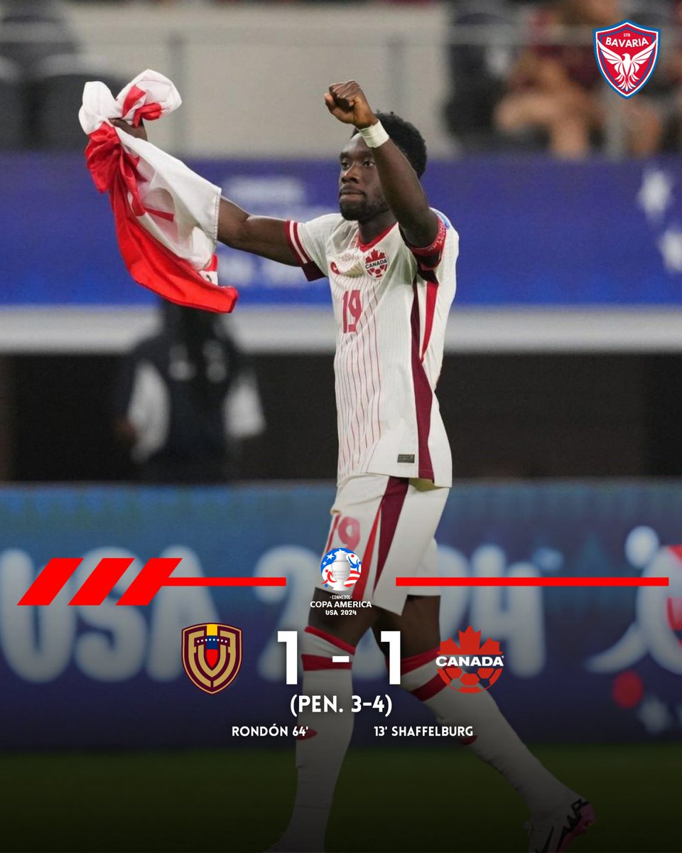 stb_bayern's tweet photo. Perempat final Copa Amรฉrica
FT: Venezuela 1-1 Kanada (penalti 3-4)
โข Alphonso Davies bermain selama 90 menit penuh
Kanada underrated bnget di Copa, bisa lolos ke semfinal๐
#MiaSanMia #CANMNT #VENCAN #CopaAmรฉrica2024 #STBayern #FCBayern https://t.co/AZrVbqFZ2C