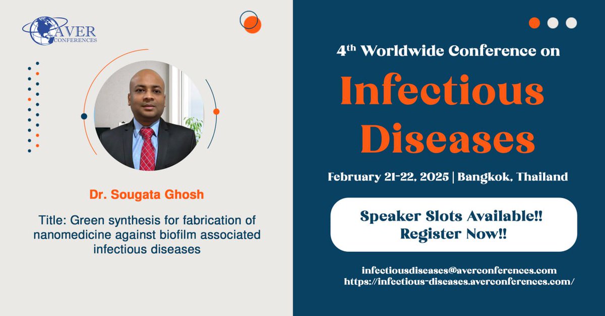 Swathi N (@swathin56997377) on Twitter photo Meet our Speaker! 🎙️
Dr. Sougata Ghosh will be joining us at the 4th worldwide conference on #InfectiousDiseases #WWCID to share their expertise on Microbiology. Dr. Sougata Ghosh is a leading authority on Microbiology.
Register here to book your slot …fectious-diseases.averconferences.com/registration.p… Meet our Speaker! 🎙️
Dr. Sougata Ghosh will be joining us at the 4th worldwide conference on #InfectiousDiseases #WWCID to share their expertise on Microbiology. Dr. Sougata Ghosh is a leading authority on Microbiology.
Register here to book your slot …fectious-diseases.averconferences.com/registration.p…