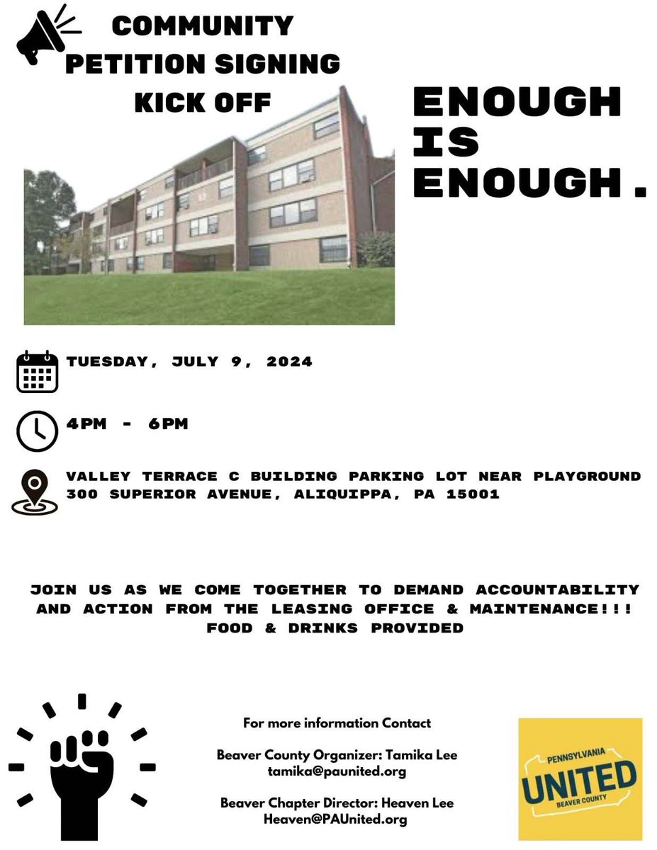BeaverUnited's tweet photo. Residents of Valley Terrace have been battling unsafe living conditions for too long! Join us as we demand accountability and share stories over food and drinks. Register here: https://t.co/jip1iyQpO0 https://t.co/jvvij9B6UQ