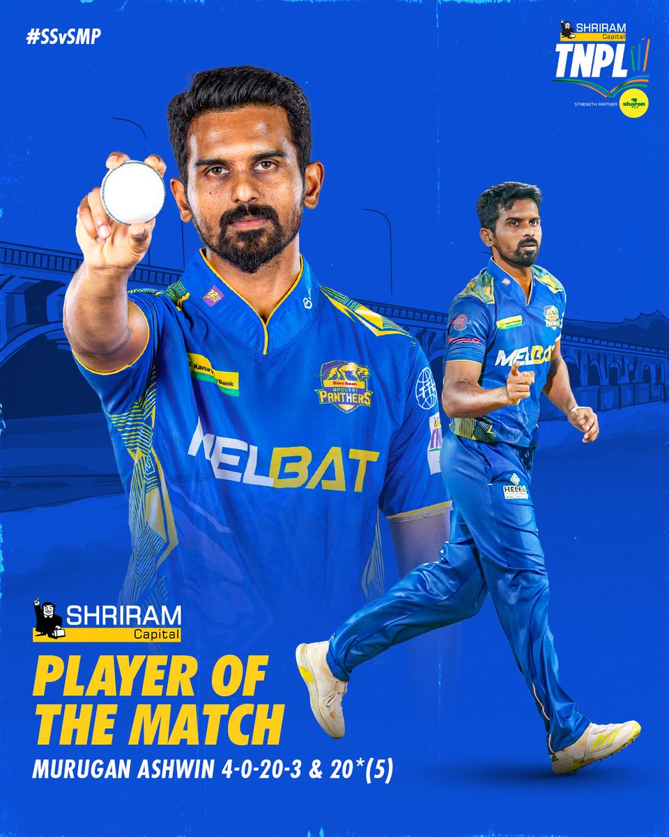 TNPremierLeague's tweet photo. Presenting the Shriram Capital Player of the Match for the second match tonight. 👏
📺 Watch #TNPL2024 live on Star Sports 1, Star Sports 1 Tamil, and FanCode.
#SSvSMP #NammaOoruAattam #TNPL2024 #NammaOoruNammaGethu https://t.co/jcTuOmQuwk