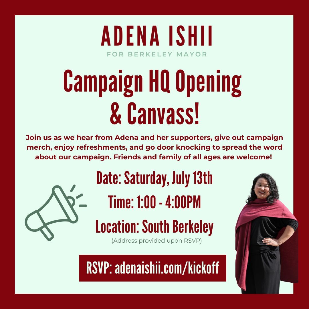 adenaishii's tweet photo. ! Saturday, July 13th !
π³ Exclusive campaign merch.
π§ Refreshments for you, family and friends.
π€© Hear from Adena's supporters and go door knocking to spread the word about her campaign.
πΆ All ages are welcome!
RSVP at https://t.co/jYXqJKq4Wk βοΈ
#AdenaForBerkeleyMayor https://t.co/MHaOZeeWk6