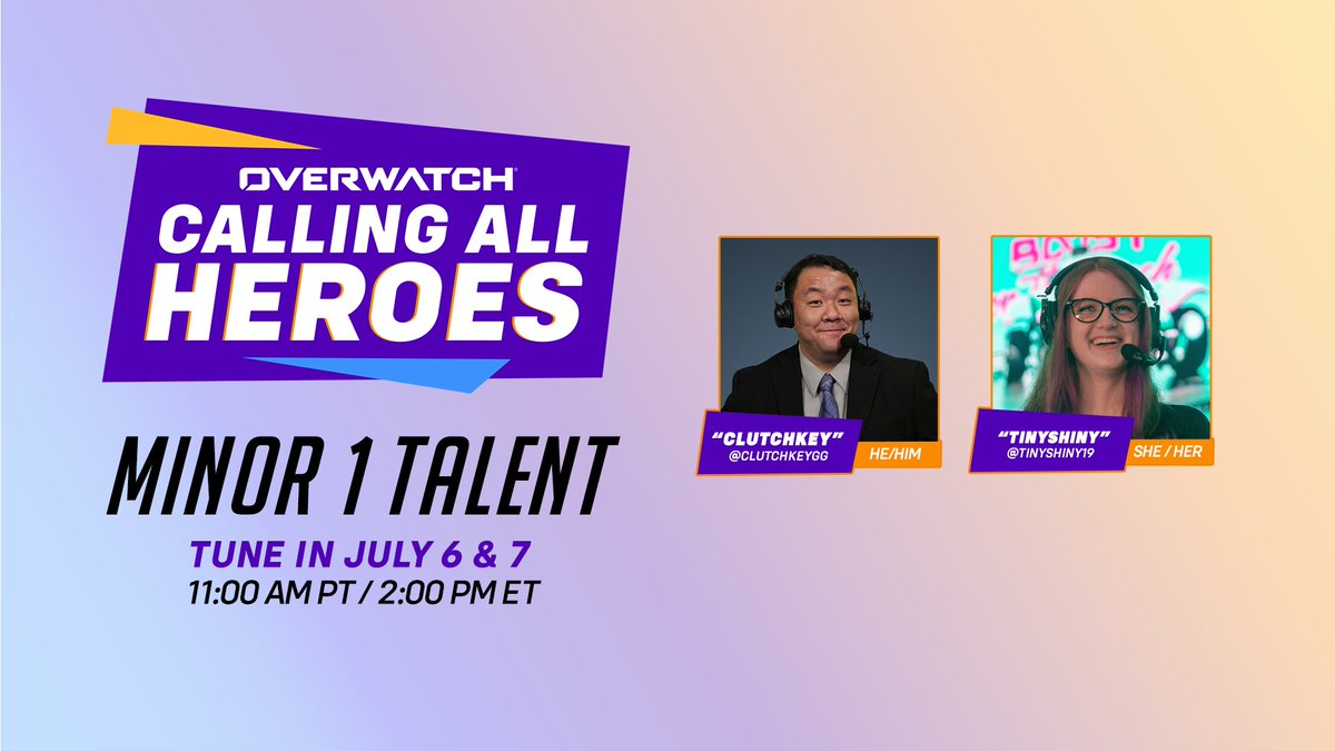 WHO'S READY FOR YOUR #CallingAllHeroes Minor 1 Talent  🫰

⭐ <a href="/ClutchKeyGG/">ClutchKey 🛌😴</a>  
⭐ <a href="/TinyShiny19/">TinyShiny</a>  

📺 Tune in today and tomorrow at 11AM PT on twitch.tv/OW_Esports