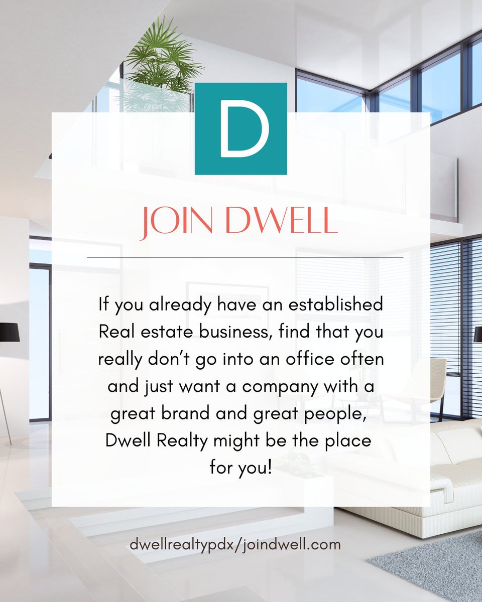 Join us at Dwell Realty and experience the freedom to thrive independently, supported by a community of like-minded professionals. Shoot us a DM or email us at dwell@dwellrealtypdx.com

Visit dwellrealtypdx.com/join-dwell/ for more info!