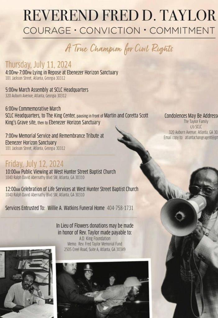 Some information about funeral services for former 1982 PCB protest foot soldier Rev. Fred D. Taylor who was a longtime employee of the SCLC.