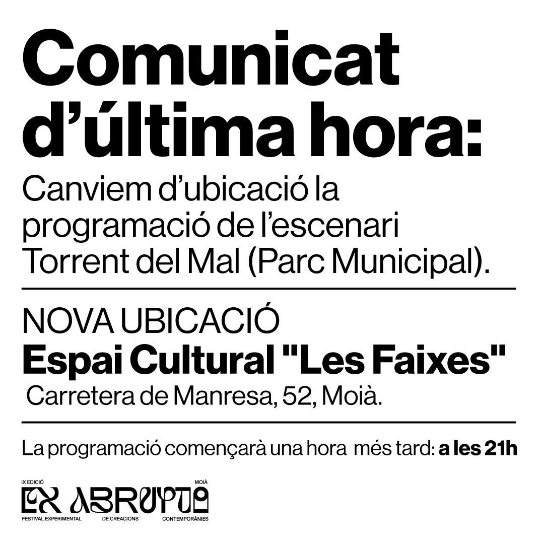 exxabrupto's tweet photo. Hola! com que no estava essent prou intens el festival, hem decidit canviar d'ubicació la programació de la nit per fer-lo més emocionant.

Començarem una hora més tard del previst:  a les 21h.

La programació segueix INTACTA.

Visca la pluja i visca Ex Abrupto!! https://t.co/hvrwYfNcW5