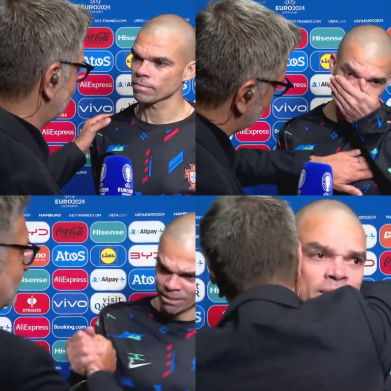 — PERIODISTA: "Pepe, no sé cuál será tu decisión. Si vas a continuar o si vas a dejarlo. Pero antes de tu decisión, déjame felicitarte, y creo que los portugueses también lo harán, por tu fantástica carrera con la selección nacional y por tu longevidad fantástica con este escudo.