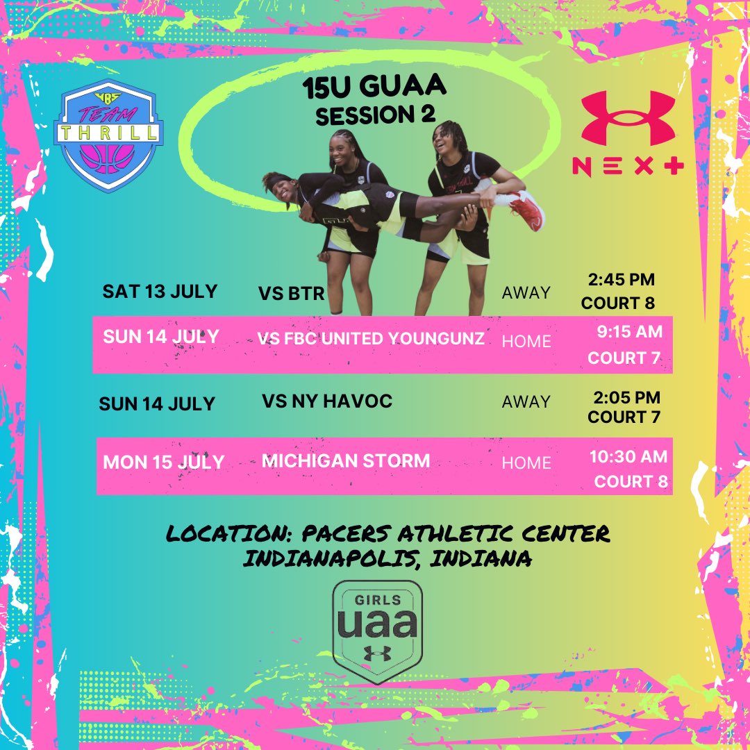 Our 15U thru 17U schedules for next week (Indy) GUAA Session 2 &amp; UA Rise session 2