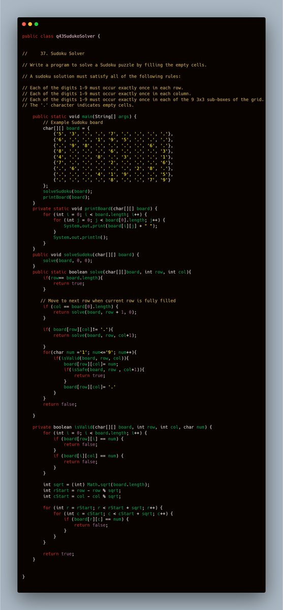 nehaojha1528's tweet image. 🚀 Day 42: "Conquer 105 DSA Challenges"!
Problem:Sudoku Solver
Each digit 1-9 must occur once in each row.
Each digit 1-9 must occur once in each column.
Each digit 1-9 must occur once in each 3x3 sub-box.
📝 GitHub: (github.com/ItsNehaOjha/Co…)
#LearnWithMe #SudokuSolver