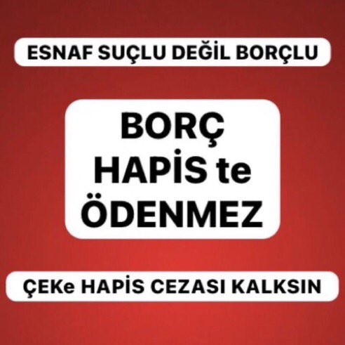 <a href="/yclblt06/">Yücel Bulut</a> ANAYASANIN M.38/8’e göre;

“HİÇ KİMSE, YALNIZCA SÖZLEŞMEDEN DOĞAN BİR YÜKÜMLÜLÜĞÜ GETİREMEMESİNDEN DOLAYI, ÖZGÜRLÜĞÜNDEN ALIKONULAMAZ”

Maddesine GÖRE 5941 ÇEK YASASI ANAYASA'YA AYKIRIDIR!

#CekeHapisCezasıKalksın <a href="/cuneytyuksel_/">Prof. Dr. Cüneyt Yüksel</a> <a href="/RTErdogan/">Recep Tayyip Erdoğan</a>  <a href="/yilmaztunc/">Yılmaz TUNÇ</a>  <a href="/YildizFeti/">Feti Yıldız</a>