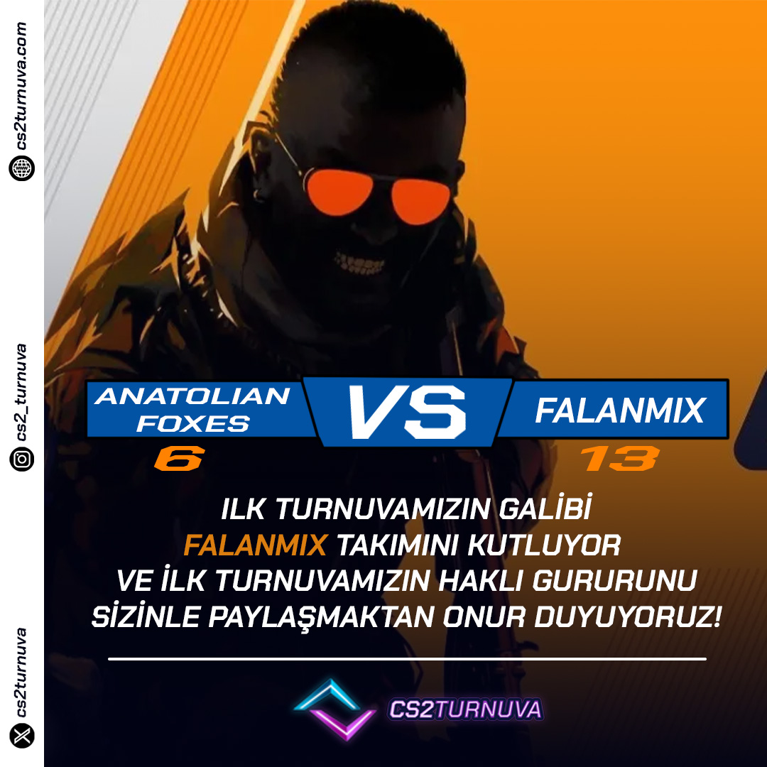 CS2Turnuva's tweet image. İlk turnuvamızın galibi &quot;FALANMIX&quot;  takımını yürekten kutlarız!

Ellerinize sağlık:
@FALANMIXcs

@ardauluus
@Fragment1ze 
@J4mpi_
@BurakTopakk 
@GhosT_CS2  Tebrikler arkadaşlar!

@anatolianfoxes  
@FALANMIXcs
Badgers
@teamphoenixtr 
FAST FİRE
40ayak
@tetagaming
AlmiraSevdalısı