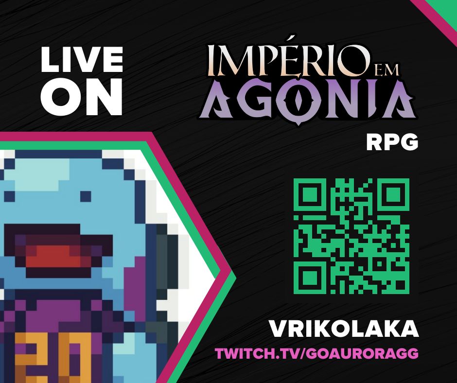 Estamos de volta, estamos ao VRIKO! @vriko_laka

Hoje é dia de uma grande batalha em #Tormenta20! Nosso grupo finalmente enfrentará sua maior vilã até agora!

Não percam, acessem o QR code, ou em twitch.tv/goauroragg