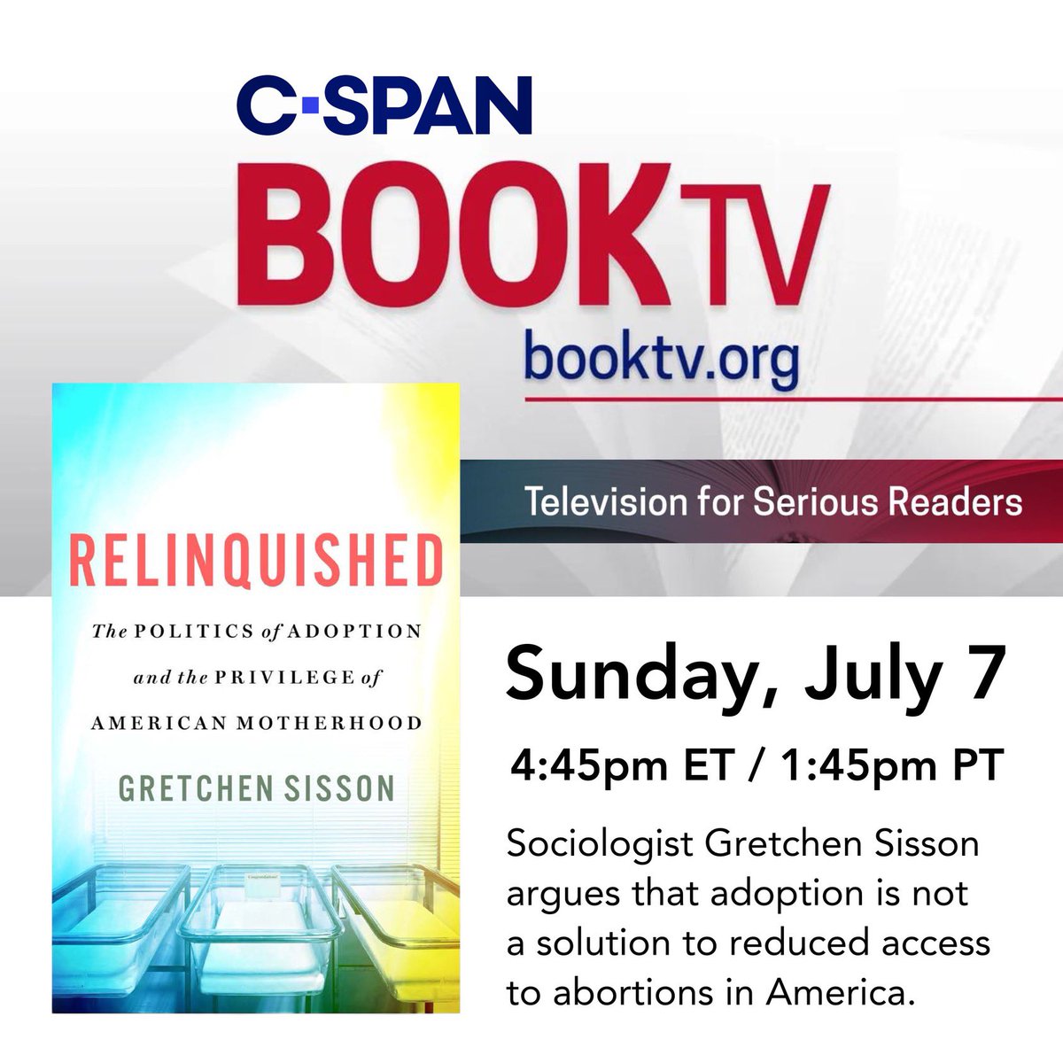 Gretchen Sisson (@gesisson) on Twitter photo Tomorrow afternoon, my Seattle book talk with <a href="/theadoptedlife/">Angela Tucker</a> will be on <a href="/BookTV/">BookTV on C-SPAN2</a> <a href="/cspan/">CSPAN</a>. I really enjoyed this conversation with Angela! Many thanks to her for joining me. Tomorrow afternoon, my Seattle book talk with <a href="/theadoptedlife/">Angela Tucker</a> will be on <a href="/BookTV/">BookTV on C-SPAN2</a> <a href="/cspan/">CSPAN</a>. I really enjoyed this conversation with Angela! Many thanks to her for joining me.