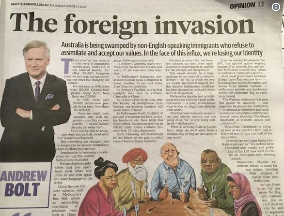 Craig_Foster's tweet photo. In a week where a young, Muslim female senator was shamefully and systematically attacked and her religion weaponised to fuel moral panic, and a 14 year old devotee of the rising threat of white supremacy stabbed a Sydney University student this was a timely reminder of the impact that occurs over years of public discourse against minorities and ethnicities.

Against multiculturalism itself.

This was just 6 years ago and these same terms from the 1950’s of ‘tidal waves’ and of being ‘swamped’ by immigrants are still being used today. In fact, increasing.

A disturbing and dangerous trend around the world at a time when human mobility is rising due to climate and conflict.

And this week made very clear that as different cultural groups grow in voice in Australia, as they should and must, we will all need to stand up for multiculturalism which is in the cross hairs of nationalists, supremacists everywhere.

Social media is part of the problem in combating racism and the promotion and commercialisation of hatred.

But they cannot be the only target. So too, is the mainstream.

It was not hidden in 2018, nor this week.