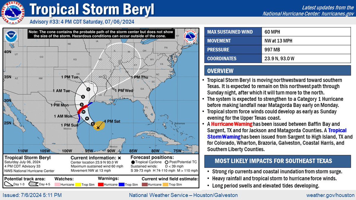 RichPD's tweet photo. The update on #tsberyl from 5PM. Slight changes in intensity, expected to be Cat 1 hurricane on landfall, and in track. It looks like landfall will be around Matagorda Bay. We will be affected by rain and wind. We will continue to monitor and update on this storm. https://t.co/Sn35LHY7J6