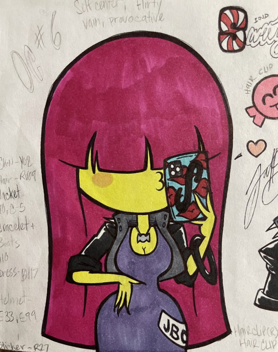 JustD3F's tweet photo. My OC Sweetz, from the Jawbreakerz biker gang.
💡- Is she just fan service? Nah she’s candy too. 🍋🍭

#justDEF #originalcharacter #drawing #doodleart #characterdesigner #art #illusrtation #traditionalart #copics https://t.co/w2RjI2O2Jf