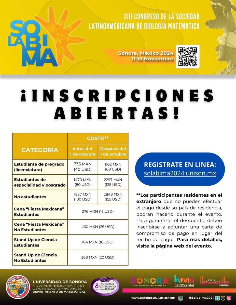🔺🔺¡Ya están abiertas las inscripciones para el SoLaBiMa 2024! Hay descuento por inscripciones anticipadas.
Los esperamos del 11 al 14 de noviembre en Hermosillo, Sonora. ☀️🏝️🥩🧬♾️
solabima2024.unison.mx/index.php