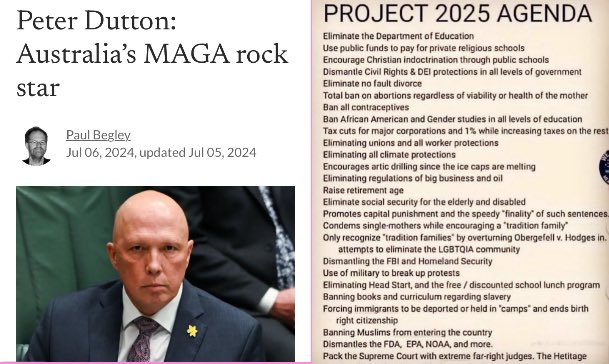 AmeliaBee7's tweet image. While Dutton and his MSM allies try to market this unpopular thug as a Far Right/MAGA “rock star”, it’s worth noting the MAGA agenda Dutton is flirting with here👇and that this Dystopian, Fascist BS has no place in AUS. Ever!