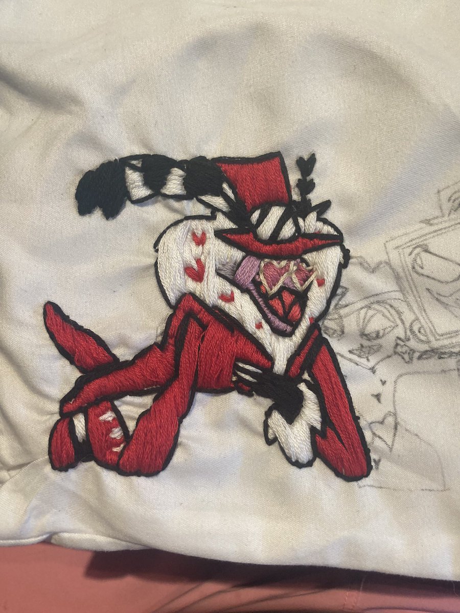 MReynells's tweet image. I am working on an embroidered pillow case with all the #HazbinHotel characters and so far after 3 months I have finished Valentino and I wanted to share the progress so far. Next up is Vox then I’ll work on Velvette. :D