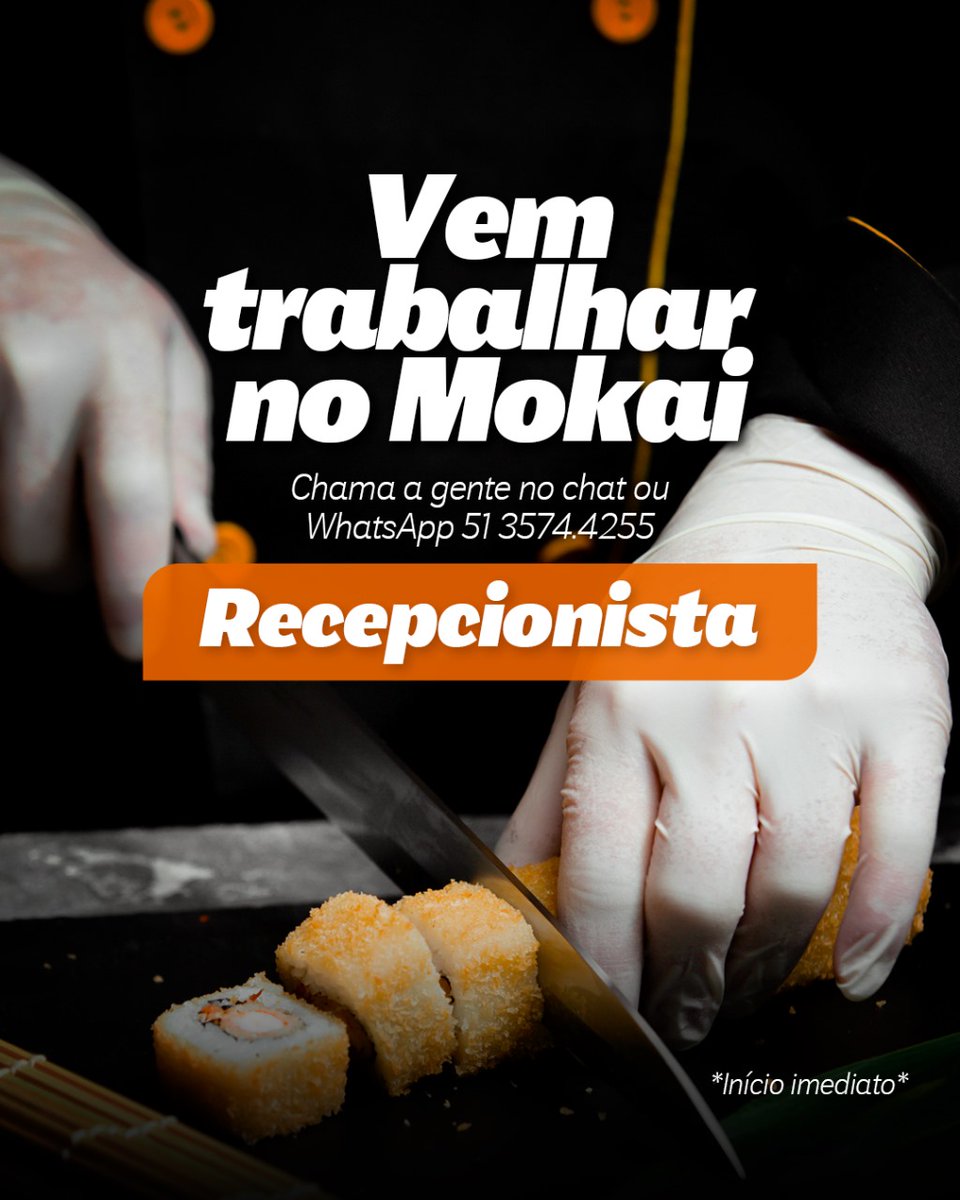 DioneNora's tweet image. Vaga de Recepcionista em Porto Alegre. #PortoAlegre #Vagas #Mokai #Sushi #Empregos #Recepcionista #WhatsApp